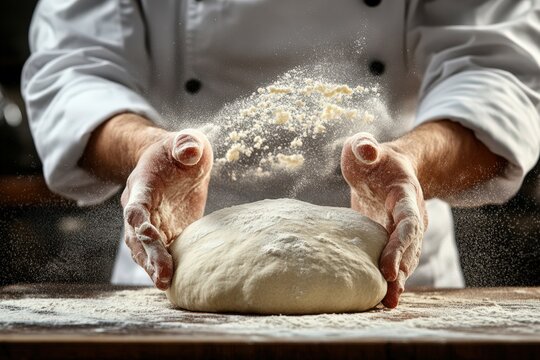 Chef preparing dough with flour, showcasing culinary skills in the kitchen.