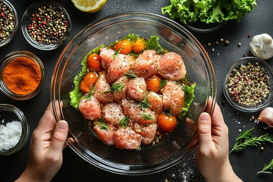 Marinated chicken pieces with spices and fresh ingredients in a glass bowl.