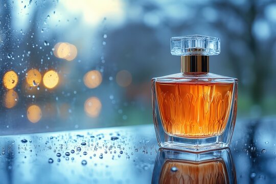 Elegant perfume bottle by the window with raindrops and warm bokeh.