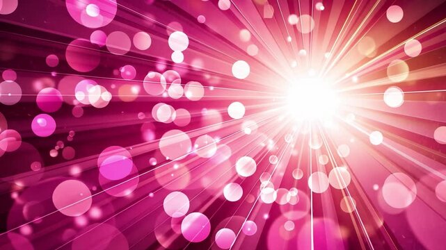 Vibrant pink rays of light burst through abstract background, creating celebration of energy with soft bokeh effects that evoke joy and excitement.