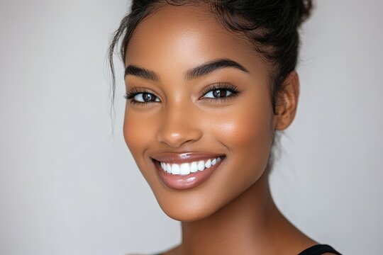 Radiant smiling woman with glowing skin and joyful expression.