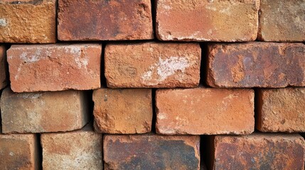Fototapeta premium Stack of red clay bricks arranged neatly with rough textures, construction material background. Copy space.
