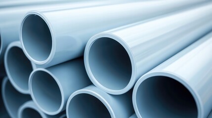 Stack of PVC pipes with smooth and reflective surfaces, neatly arranged. Building materials copy space.