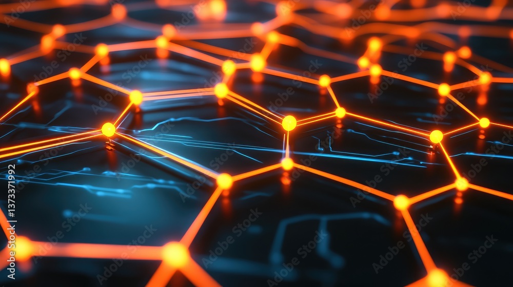 Poster tech-inspired abstract grid with glowing lines and digital connections forming a high-tech pattern.