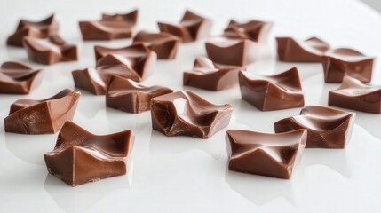 milk chocolate pieces spread across a bright white surface, each piece gleaming with a shiny finish and inviting taste