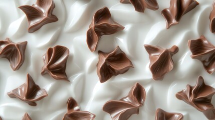 Fototapeta premium milk chocolate pieces spread across a bright white surface, each piece gleaming with a shiny finish and inviting taste