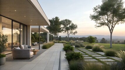 Fototapeta premium A tranquil pathway composed of stone slabs guides visitors through a beautifully landscaped garden with vibrant greenery and a modern black gate in the background. 