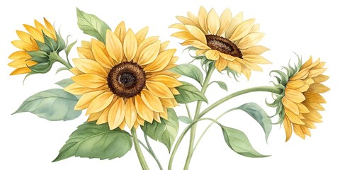 A watercolor illustration of sunflowers. The frame and bouquet feature yellow flowers. Perfect for rustic wedding decorations, thanksgiving decorations, or greeting cards. The elements are isolated 
