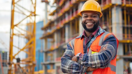 Positive construction worker smiling while standing in front of cranes and construction equipment