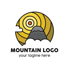 Mountain Logo, Featuring a stylized mountain peak and clouds, set within a circular design with a sunburst effect