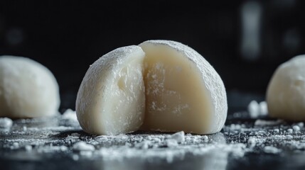 Soft Mochi Dessert with Light Dusting and Dramatic Dark Background