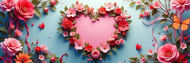 Elegant floral heart wreath surrounded by butterflies and bows, heart, illustration