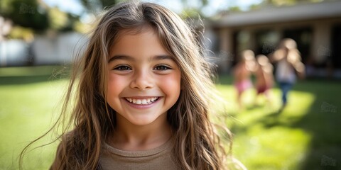 Obraz premium A young girl with long brown hair is smiling and looking at the camera