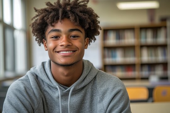 A young man with curly hair is smiling and wearing a gray hoodie