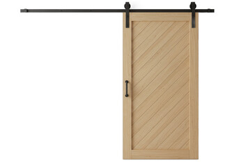 Contemporary wooden sliding barn door with diagonal plank design on white background