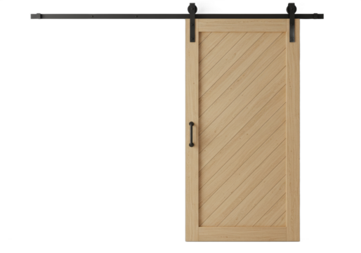 Contemporary wooden sliding barn door with diagonal plank design on white background