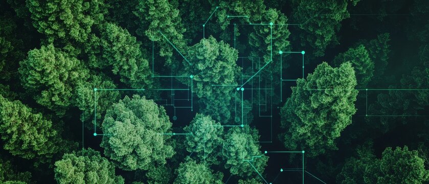 Scientists developing AI powered forest management tools, high-tech forestry station with real-time tree health data and AI-based forest sustainability systems, High-tech style