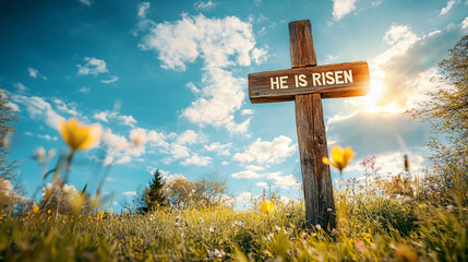 Easter cross with copy space on a spring landscape background.