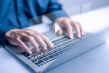 multimedia OTT, content on digital technology. concept of watching live video streams on a computer laptop, training, and education. Watch videos on social media platforms 