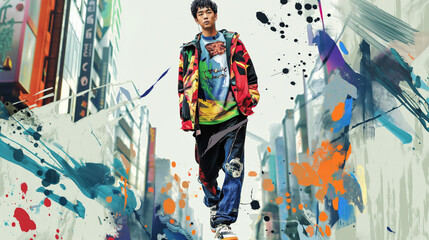 Fototapeta premium Young man in colorful attire against a splattered paint backdrop.