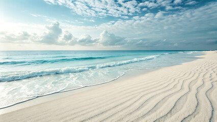 Fototapeta premium Serene Tropical Beach White Sand, Azure Waters, and Sunlit Sky