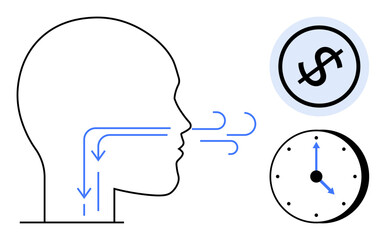 Silhouette of human head exhaling airflow, linked conceptually to a clock and currency value. Ideal for health, time management, efficiency, profit, cost evaluation, productivity simplicity. Flat