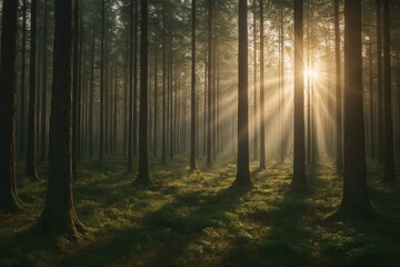 Fototapeta premium Slow Pan Through a Quiet Forest – Peaceful and Cinematic Woodland Scene with Soft Light and Tranquil Atmosphere
