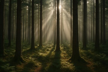 Fototapeta premium Slow Pan Through a Quiet Forest – Peaceful and Cinematic Woodland Scene with Soft Light and Tranquil Atmosphere