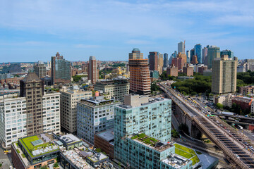 Vibrant city downtown Brooklyn landscape reveals contemporary buildings busy roads at NYC America