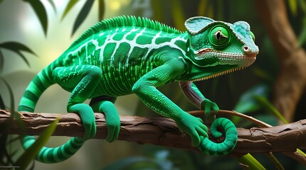 Fototapeta premium Cute green chameleon on branch against white background