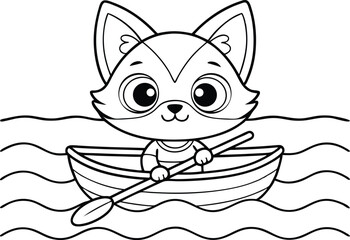 Cartoon fox rowing a boat on water waves outline drawing style on transparent background