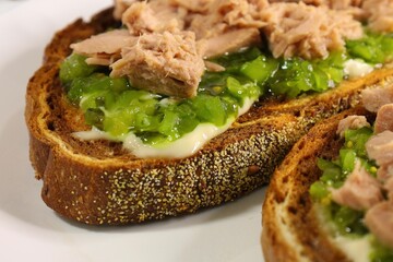 crispy toast with tuna and pickles, close up