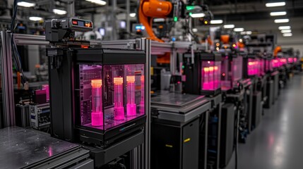 Obraz premium Automated Manufacturing Line Robotics Industrial Technology Pink Liquid Factory Assem