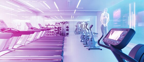 Scientists developing AI powered personalized exercise regimes, high-tech fitness center with real-time performance data and AI-driven workout plans, High-tech style