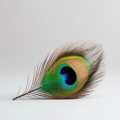 Obraz premium A vibrant peacock feather showcasing stunning colors and intricate patterns, resting gracefully against a simple background.