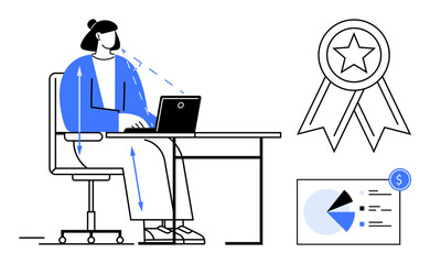 Person sitting at desk focused on laptop, award image symbolizing achievement, and pie chart with financial icon. Ideal for productivity, success, work balance, workplace motivation, data analysis