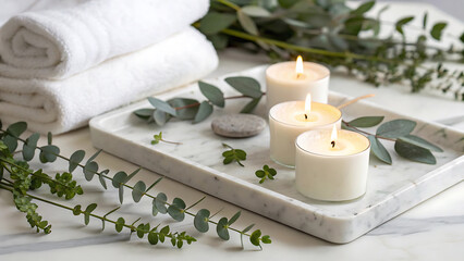 Serene Spa Setting Candles, Towels, and Eucalyptus
