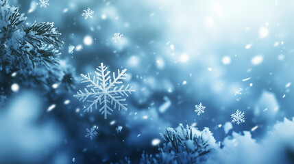 Delicate snowflakes descending in winter, capturing the essence of a serene holiday moment.