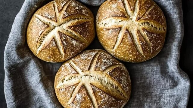 Three rustic loaves on a cloth. Round, patterned crusts. Natural light, dark background, top view