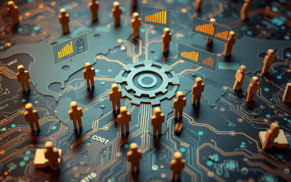A digital world visualized with miniature figures standing on a circuit board with glowing connections, surrounding a central gear and data graphs.
