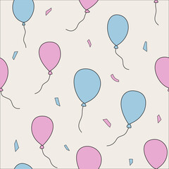 Seamless pattern with balloons and confetti. Vector illustration.