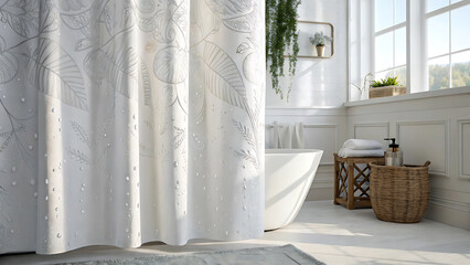 Elegant White Shower Curtain with Botanical Leaf Design for Modern Bathroom Decor
