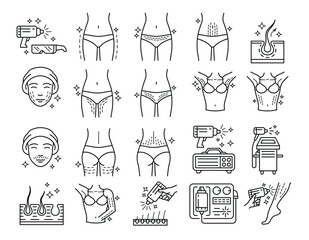 Laser hair removal beauty skin care treatment line art icon set vector illustration