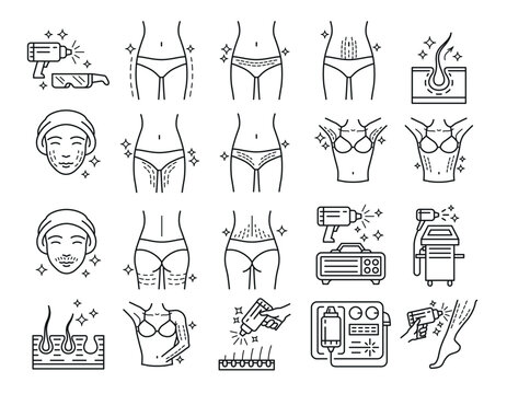 Laser hair removal beauty skin care treatment line art icon set vector illustration