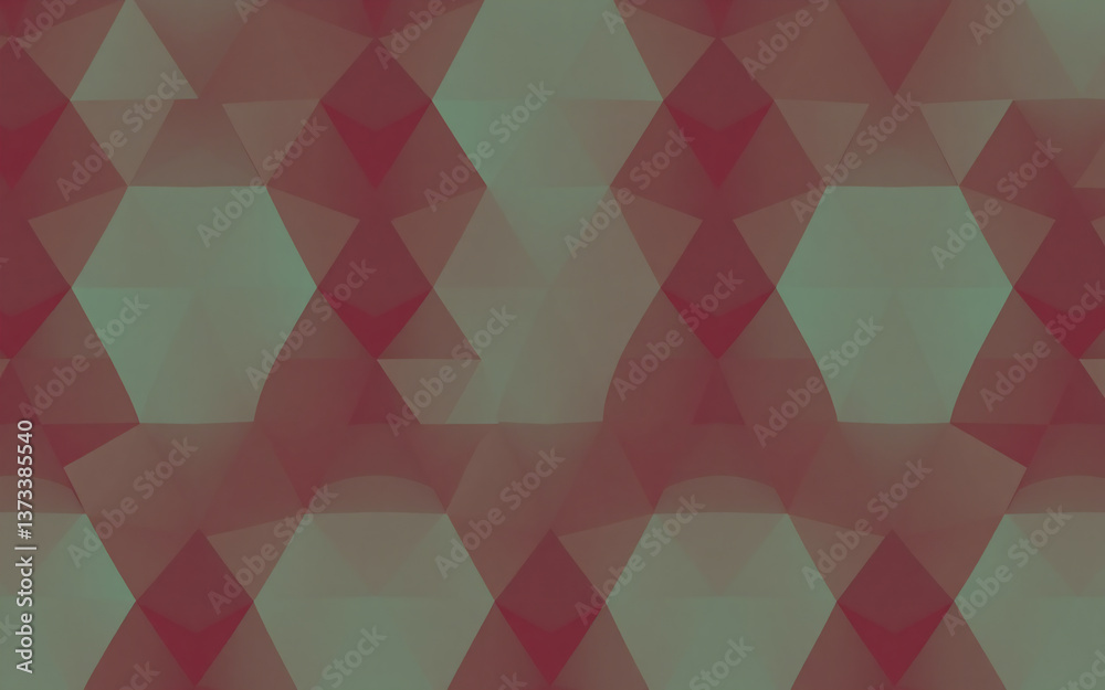 Poster a translucent geometric pattern features overlapping triangles in shades of red and green, creating 
