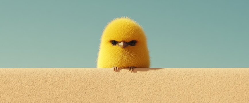Adorable yellow chick peeking over edge.  Sunny sky backdrop. Soft, fuzzy feathers