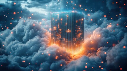 Obraz premium A futuristic skyscraper emerges from vibrant clouds, illuminated by glowing lights, creating an ethereal and cybernetic atmosphere.