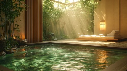 A serene indoor spa area featuring a tranquil pool, bamboo plants, and soft sunlight streaming through large windows.
