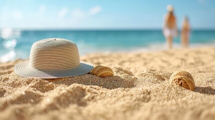 Obraz premium Summer Beach Scene Straw Hat Sand Ocean Relaxation