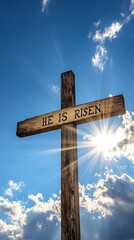 Fototapeta premium Christian Easter cross design featured on vibrant spring landscape, symbol of resurrection and seasonal rebirth, vertical orienatation.